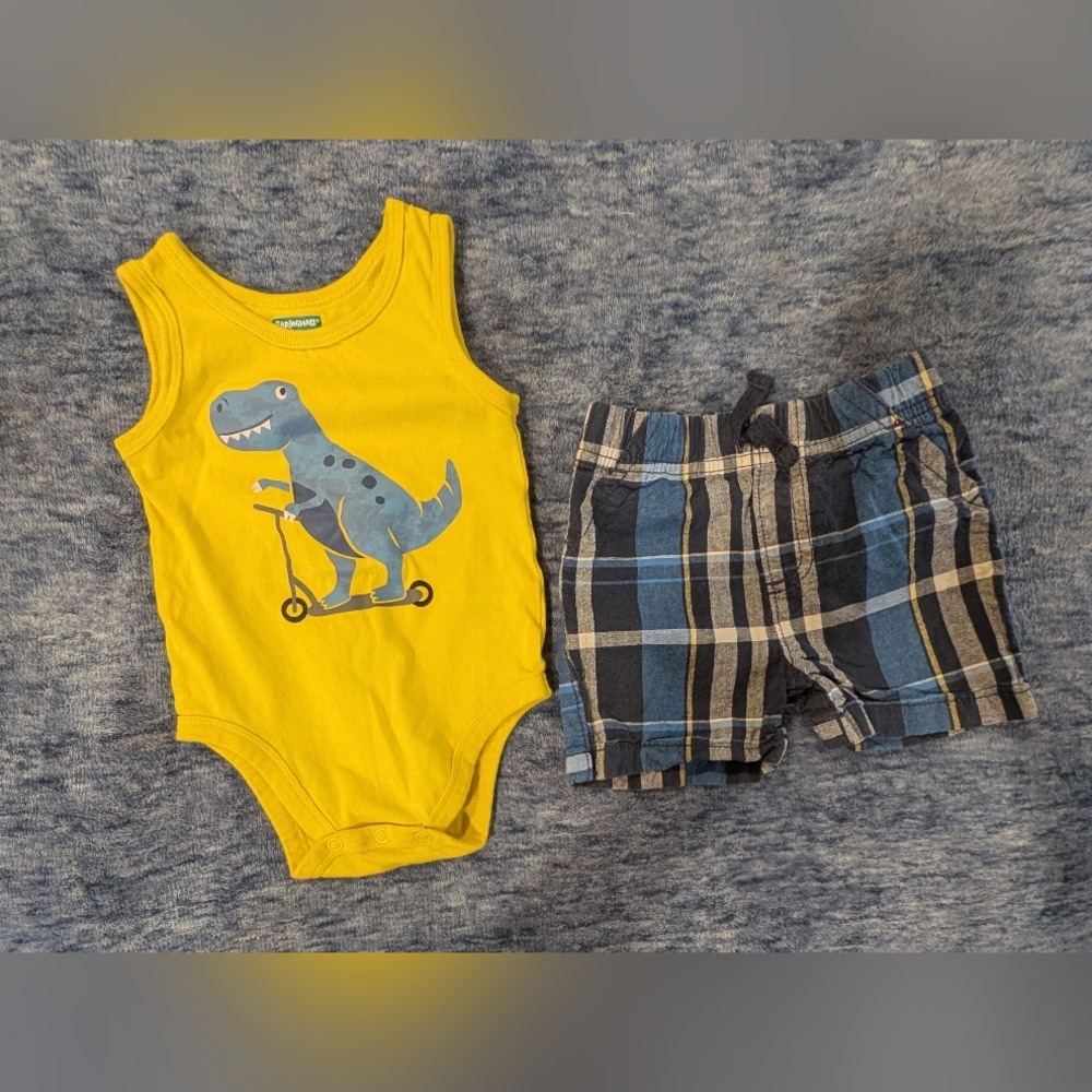 Jumping Beans 12M Yellow Dinosaur Tank Onesie and Blue Plaid Shorts